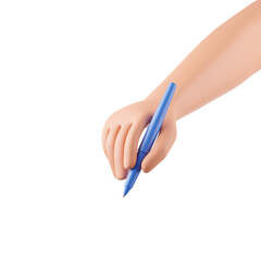 Front view cartoon character hand with blue pen isolated over white background.
