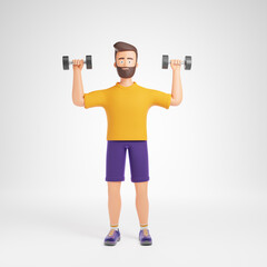 Fototapeta na wymiar Cartoon beard character man yellow t-shirt and purple shorts does exercises with dumbbells isolated over white background.