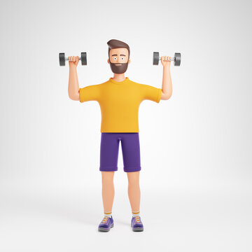 Cartoon beard character man yellow t-shirt and purple shorts does exercises with dumbbells isolated over white background.