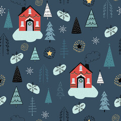 Christmas seamless repeat pattern with house, chrstmas trees and stars on blue background. Perfect for wallpaper, background, gift pape, winter decor and holiday designs. Vector illustration.