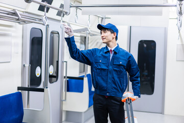 電車をメンテンスする若い男性
