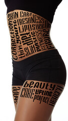 Collage with women's slim body, hips, bottocks and belly with lettering on skin. Lifting, beauty, bodycare, cellulite and healthy lifestyle concept.