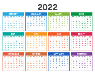 2022 year calendar. Week starts on Monday template. Vector illustration