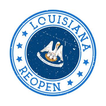 Louisiana Reopening Stamp. Round badge of US State with flag of Louisiana. Reopening after lock-down sign. Vector illustration.