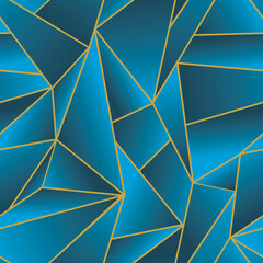 Different sizes blue triangles and quadrangles with yellow outline geometric abstract cute cool seamless pattern