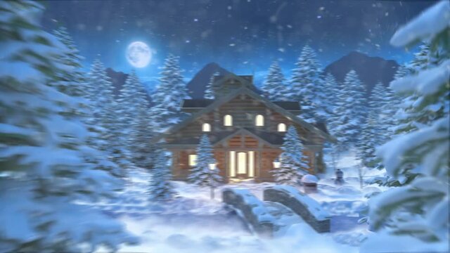 Christmas and New Year Background. Night Magic Snowy Forest and Blue Sky with Stars and Bright Moon. Starry Christmas Night in the Village. Moving Forward. Depth of Field. 3d Animation
