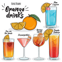 Orange Drinks Set Sex on the beach Spritz Blue Lagoon Cosmopolitan Tequila Sunrise
