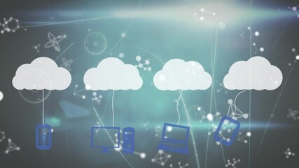 Animation of clock moving fast digital clouds with electronic devices and network of connections - Powered by Adobe