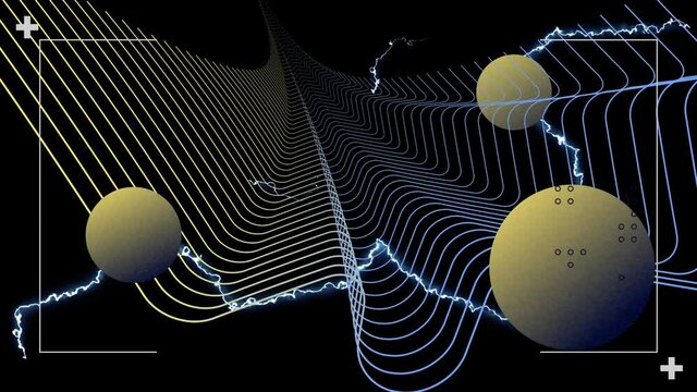 Animation of interface processing data, glowing current over parallel curves and spheres, on black