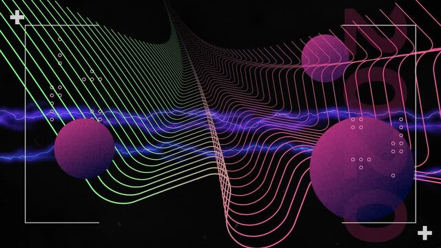 Animation of interface processing data, with purple electric currents, parallel curves and spheres