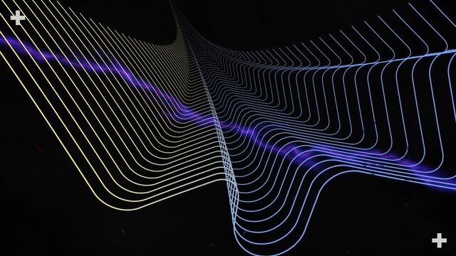 Animation of interface processing data, with purple electric currents, parallel curves on black
