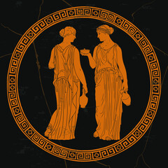 Fototapeta premium Two young slender ancient Greek women in jugs are standing and talking. Drawing on the bottom of an antique dish