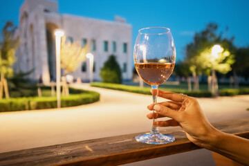 young brunette woman drinking soft rose wine in restaurant