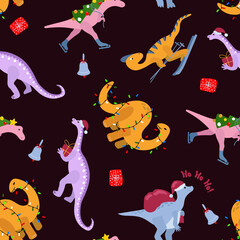 Christmas seamless pattern. Cute hand drawn dinosaurs. Design for fabric, textile, packaging, wrapping paper.	