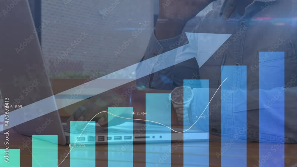 Poster animation of statistics processing over businessman using laptop