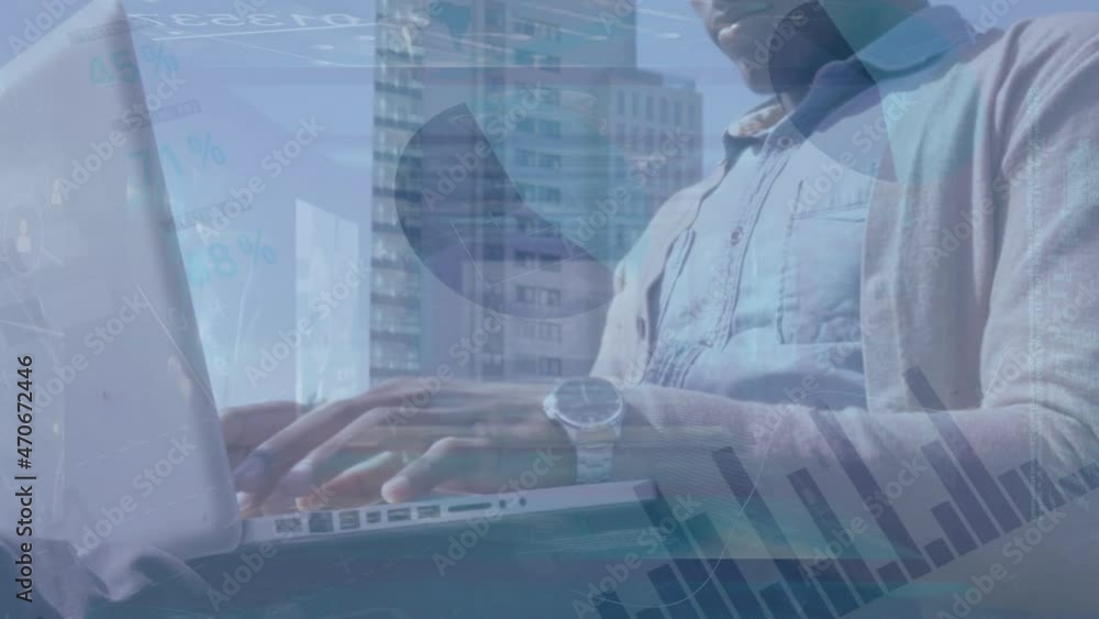 Poster animation of statistics processing over businessman using laptop