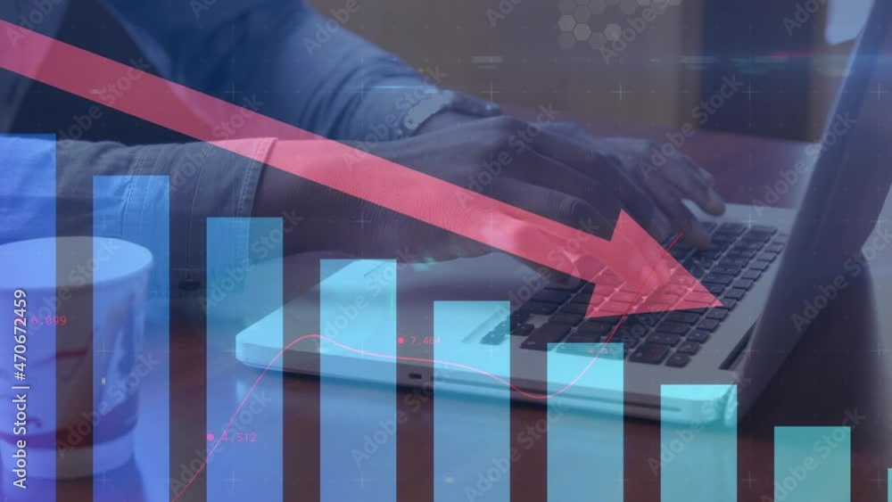 Poster animation of red arrow and statistics processing over businessman using laptop