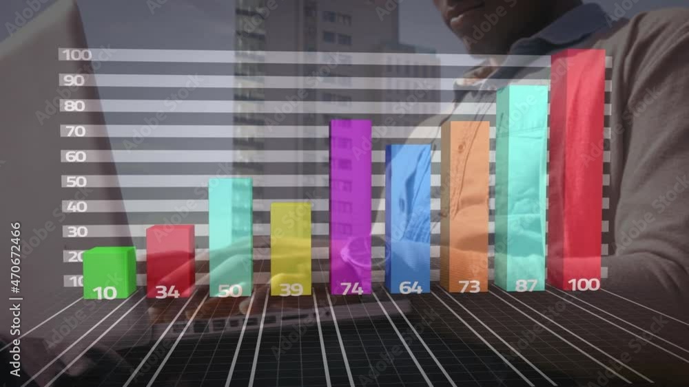 Poster Animation of statistics processing over businessman using laptop