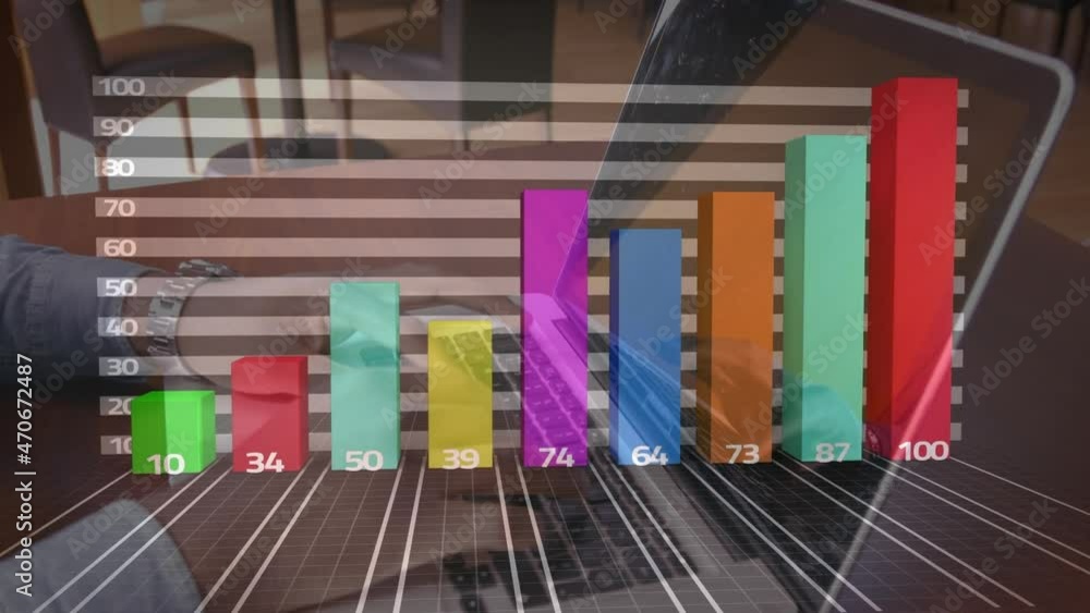 Poster animation of statistics processing over businessman using laptop