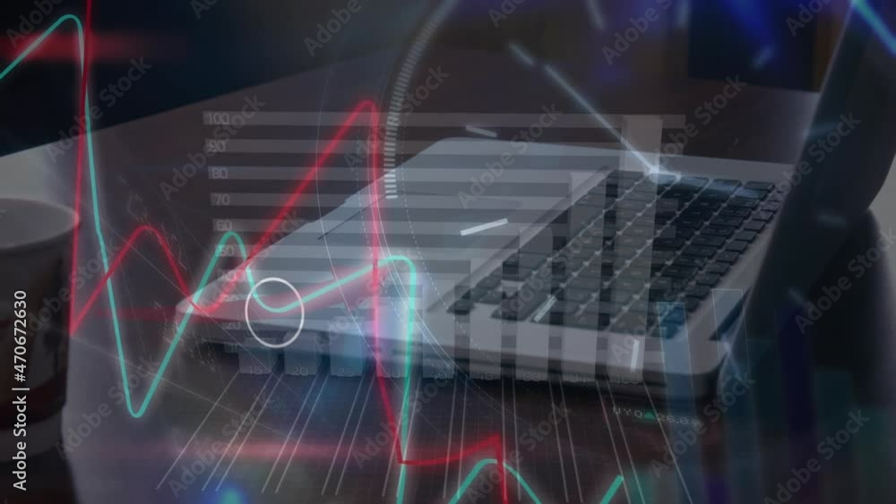 Poster animation of red arrow, clock and statistics processing over businessman using laptop