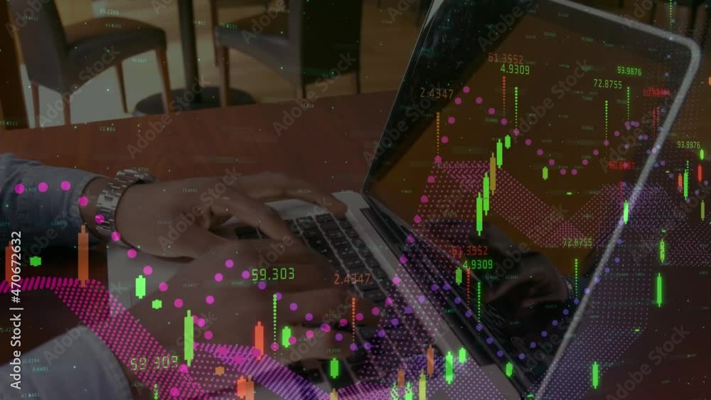 Poster animation of statistics processing over businessman using laptop