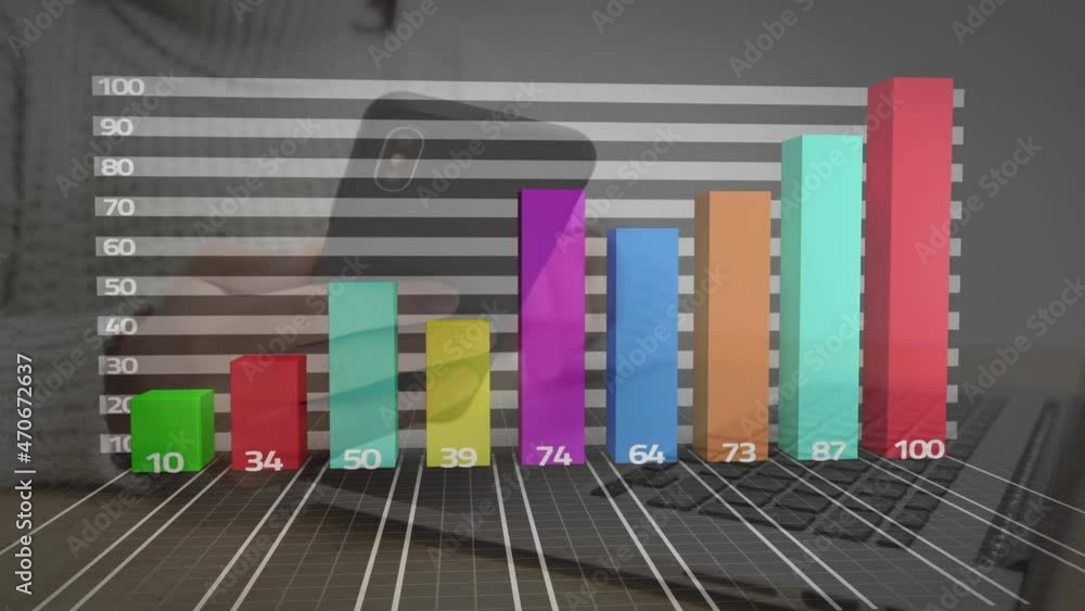 Aufkleber animation of statistics processing over businessman using smartphone and laptop