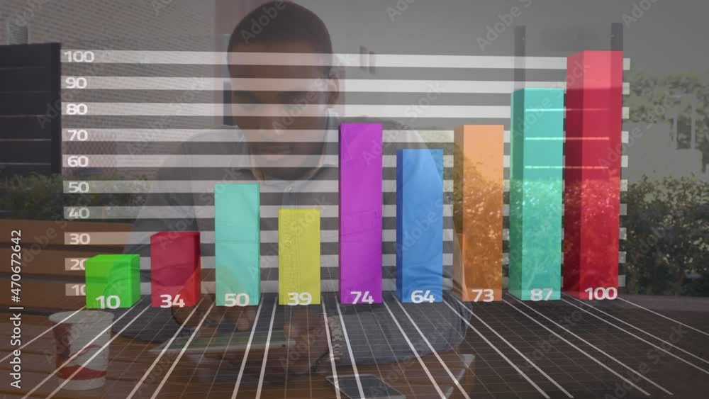 Poster animation of statistics processing over businessman using tablet
