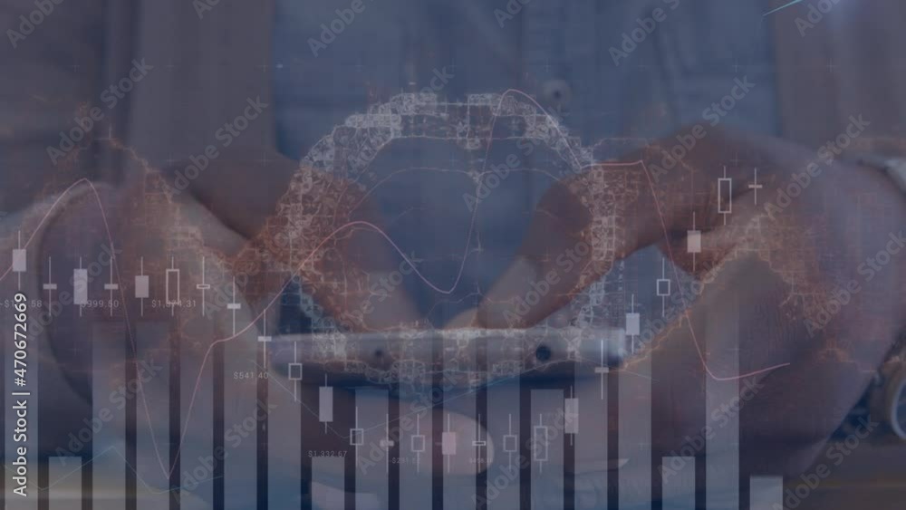 Poster animation of brain spinning and statistics processing over man using smartphone