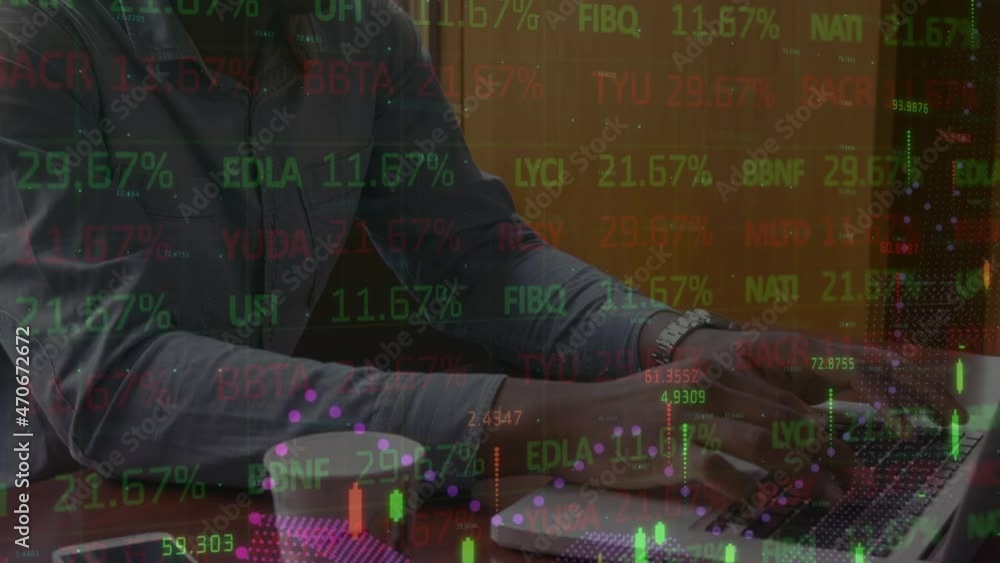 Poster animation of statistics processing over businessman using laptop