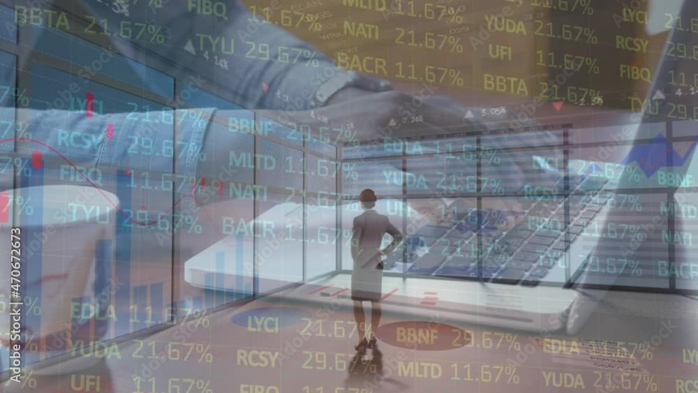 Poster animation of statistics processing over businessman using laptop