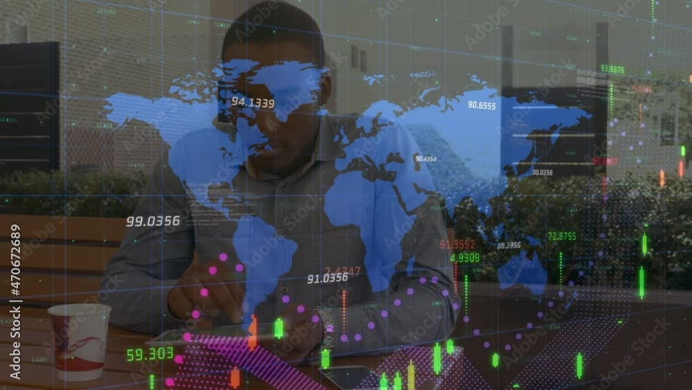 Poster animation of statistics processing and world map over businessman using tablet