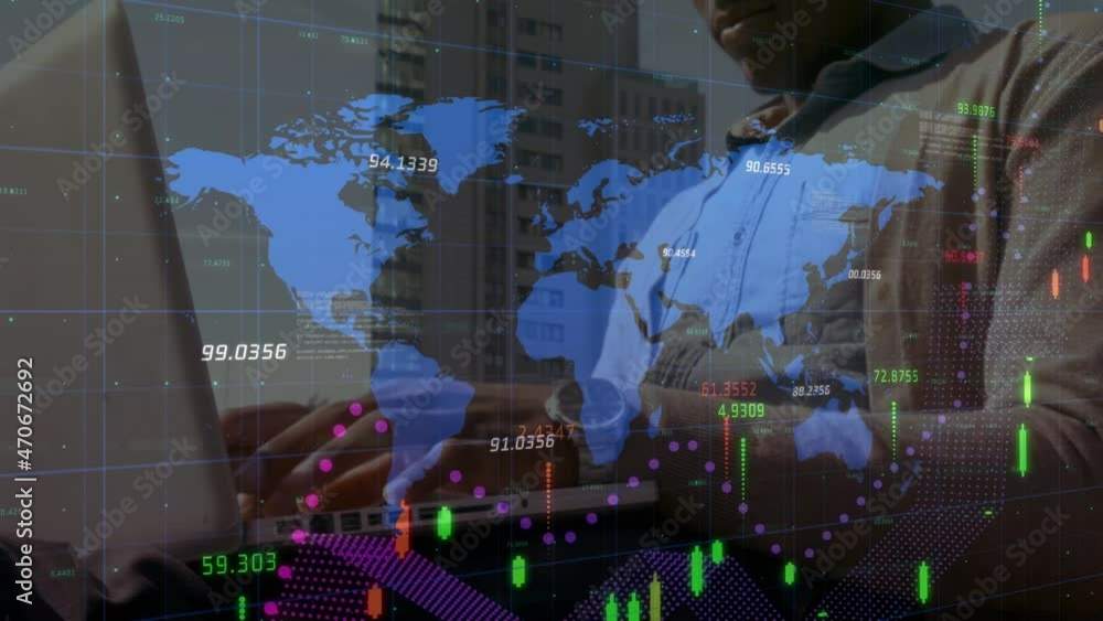 Poster animation of statistics processing and world map over businessman using laptop