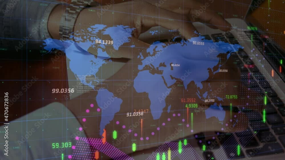 Aufkleber animation of world map and statistics processing over businessman using laptop