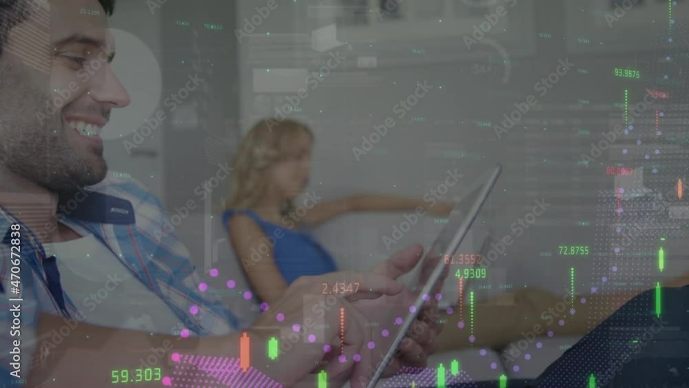 Poster animation of statistics processing over smiling man using tablet