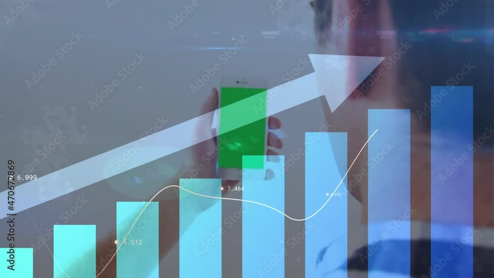 Poster animation of arrow and statistics processing over man using smartphone with green screen