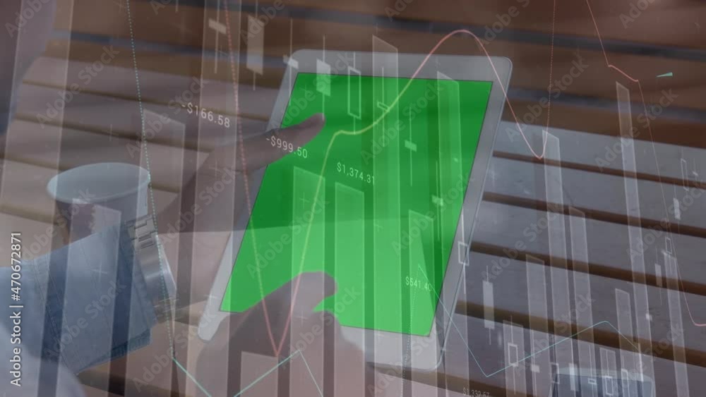 Aufkleber animation of statistics processing over businessman using tablet with green screen