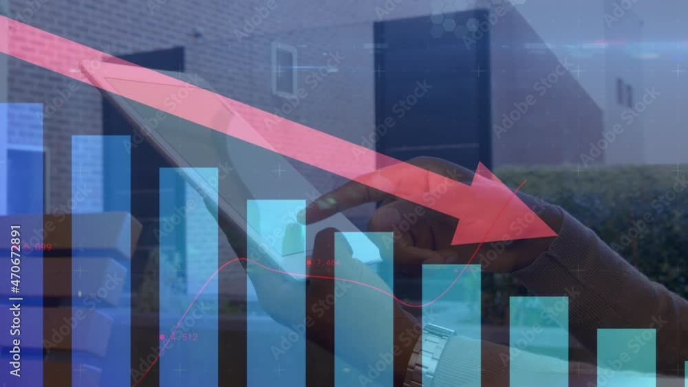 Poster animation of red arrow and statistics processing over man using tablet with green screen