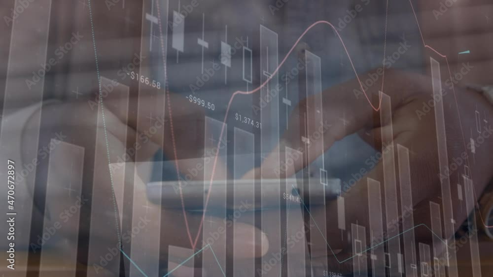 Poster animation of statistics processing over man using smartphone