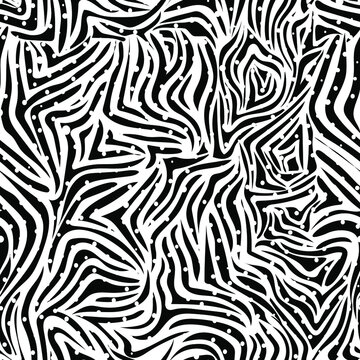 Black and white zebra skin. Seamless pattern with stripes for trendy textured fabrics, paper products. Trendy tiger background in flat style. Vector.