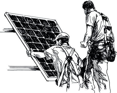 Hand sketch of workers assembling solar panel. Vector illustration.