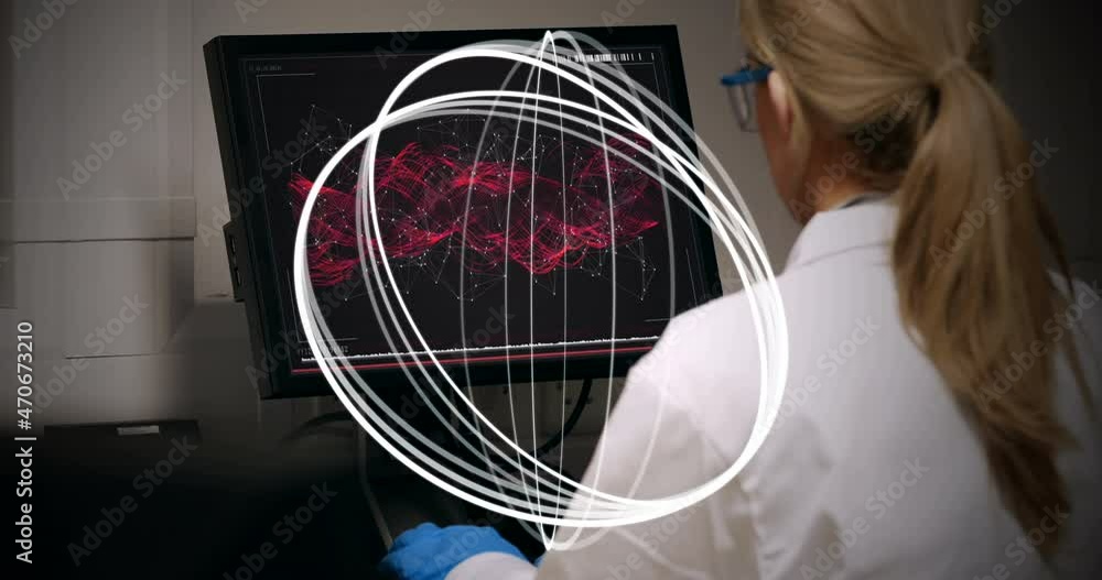 Poster animation of circles spinning over female scientist using computer
