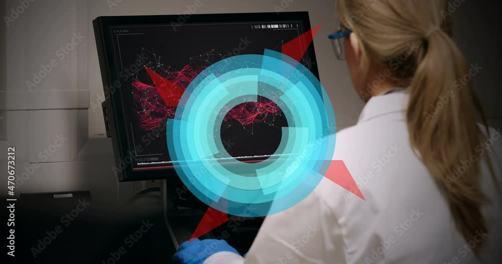 Poster animation of circles spinning over female scientist using computer