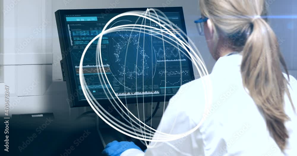 Poster animation of circles spinning over female scientist using computer