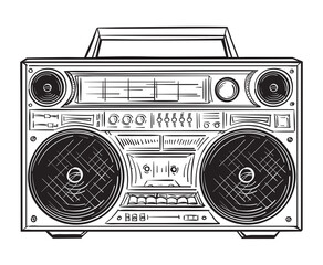 Hand drawn black and white retro 80s boombox tape recorder