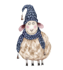 Cute cartoon lamb in a winter hat. Watercolor illustration. © olga_rosinka