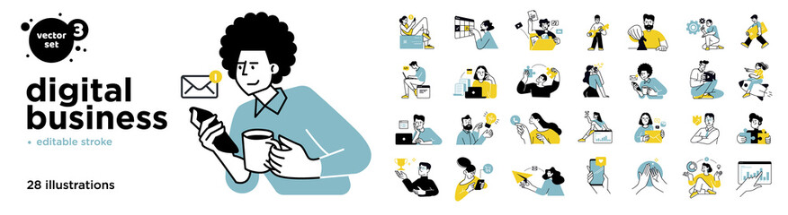 Digital business concept illustrations. Set of illustrations of men and women in various activities of online business, communication, marketing. Modern vector style for graphic and web design.
