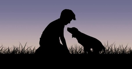 Animation of silhouetted pet dog looking to male owner kneeling in grass over sunset sky