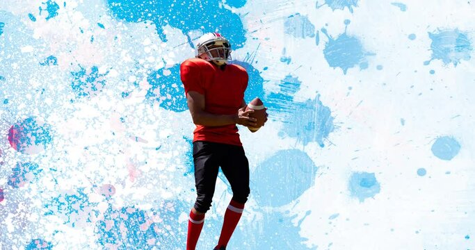Animation of american football player holding ball on abstract painted blue and white background