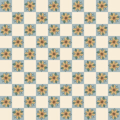 Six petal wildflower vector seamless pattern. Mosaic check style blocks of orange green botanical background. Hand drawn meadow flowers in arts crafts style. Vintage repeat for wellness, packaging