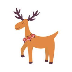 Christmas deer with red bells on the neck. Merry christmas, funny animal. Good New Year spirit. Colorful vector illustration hand drawn isolated